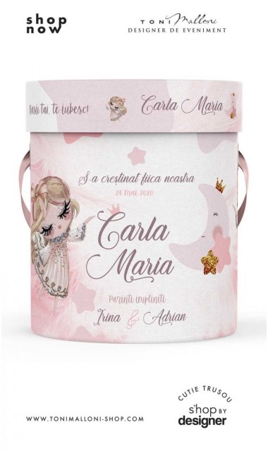 Cutie rotunda personalizata din mucava pentru trusou botez fetite Papusica 1